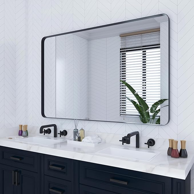 VocalStar Black Metal Framed Bathroom Mirror for Wall, 48 x 36 Inch Large Rounded Rectangle Matte Black Bathroom Vanity Mirror Farmhouse, 1/4-inch Shatterproof Glass | Ultra-Flush Hanging