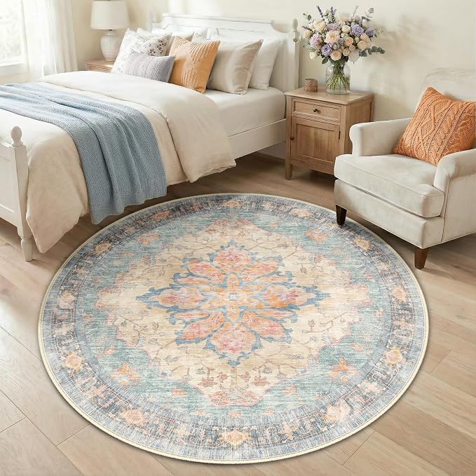 RELEANY Washable Area Rug, Round 5ft, Water Repellent, Pet Friendly, Vintage - Image 2