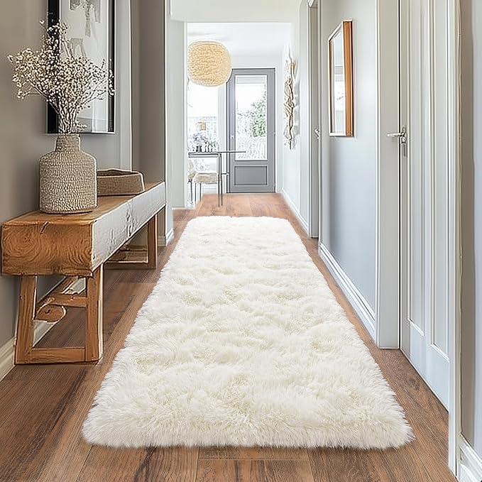 Pionblank Fluffy Runner Rugs for Bedroom 2x6, Cream White | Modern Shaggy Area - Image 7