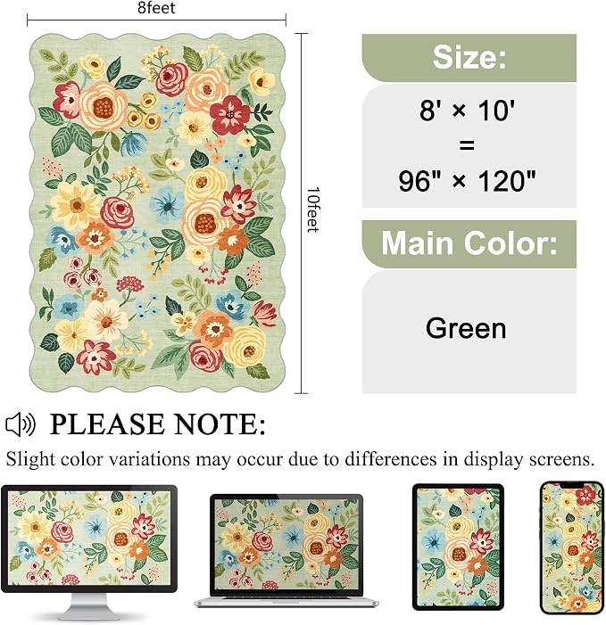 DUKINO 8x10 Area Rug for Living Room, Floral Washable Rug Non Slip, Low Pile - Image 2