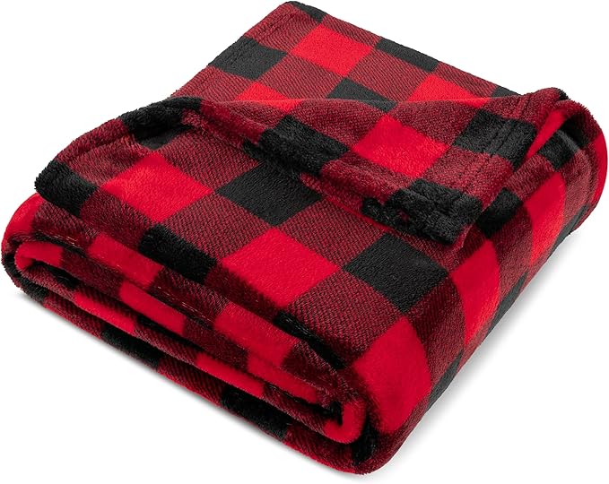 PAVILIA Black and Red Buffalo Plaid Fleece Throw Blanket for Couch, Soft Checkered Flannel Blanket for Sofa, Plaid Christmas Couch Throw Bed, Warm Cozy Decorative Blanket Fall Decor Gift, 50x60