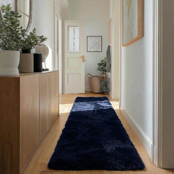 Navy Blue Runner Rug 2x6 Fluffy Dark Blue Bedside Rugs - Image 2