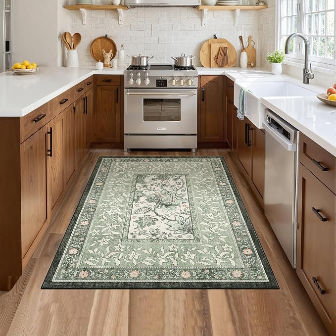 GarveeHome Provence Sage Green 3x5 Rug Washable Non-Slip Low-Pile Indoor Rugs - Image 4