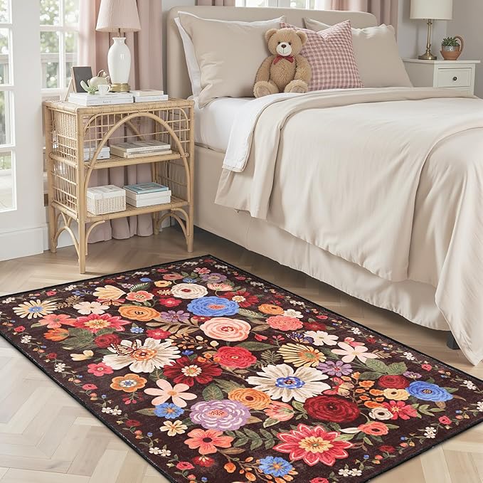 Black Brown Floral Area Rug 4x6 - Image 2