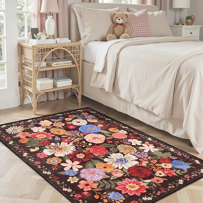 Floral Machine Washable Rug 3x5 Espresso | Non Slip Soft Bedroom Rug by WelcometoBabovid