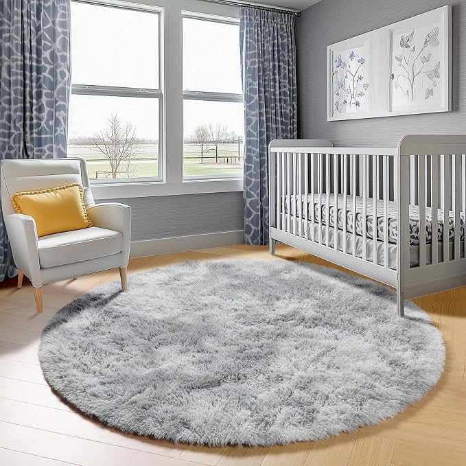 Round Rugs 5ft for Bedroom Living Room, Fluffy Tie-Dyed Light Grey Circle Area - Image 7