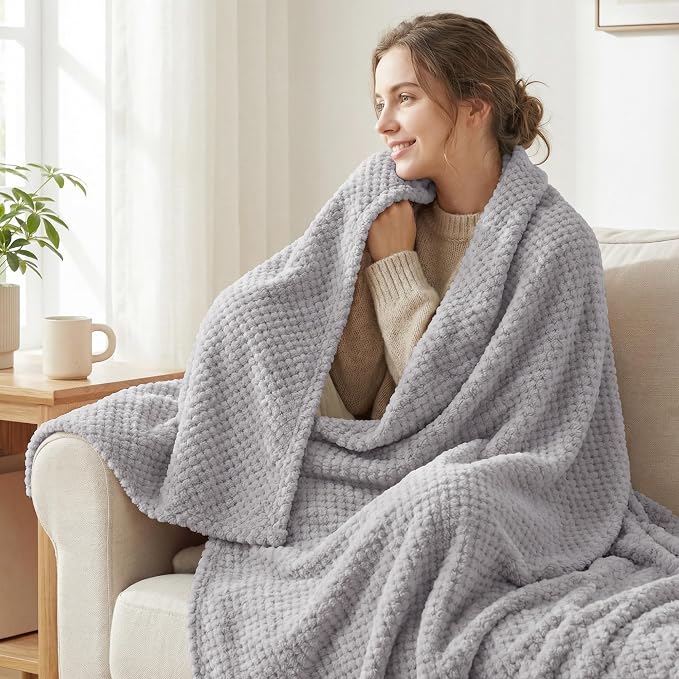 Exclusivo Mezcla Soft Waffle Fleece Bed Blanket Twin Size, Light Grey | - Image 2