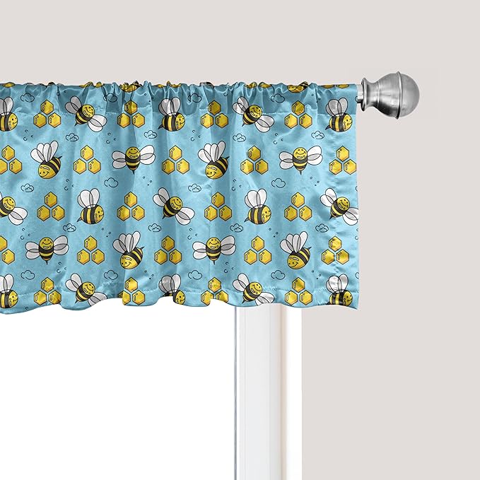 Ambesonne Cartoon Window Valance, Summer Style Funny Demonstration of Happy Flying Characters and Hexagon Comb, Curtain Valance for Kitchen Bedroom Decor with Rod Pocket, 54" X 12", Sky Blue Mustard