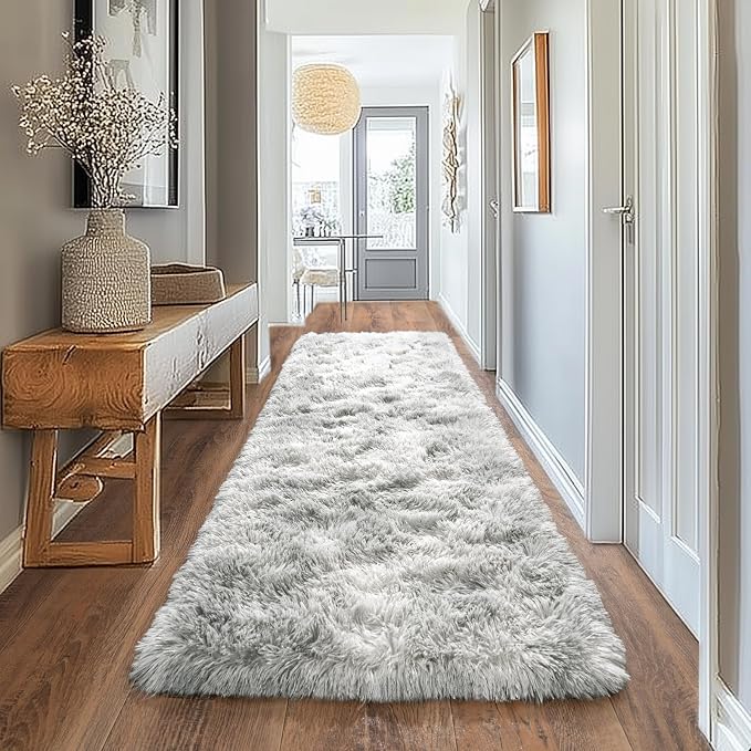 Pionblank Fluffy Runner Rugs for Bedroom 2x6, Tie Dye Grey | Modern Shaggy Area - Image 7