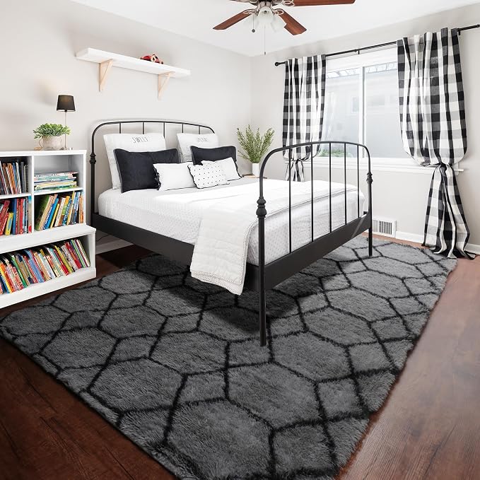 Area Rugs for Living Room, 5x8 Fluffy Grey and Black Bedroom Geometric Rug | - Image 7