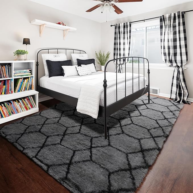 8x10 Area Rugs for Living Room, Fluffy Grey and Black Bedroom Geometric Rug | - Image 7