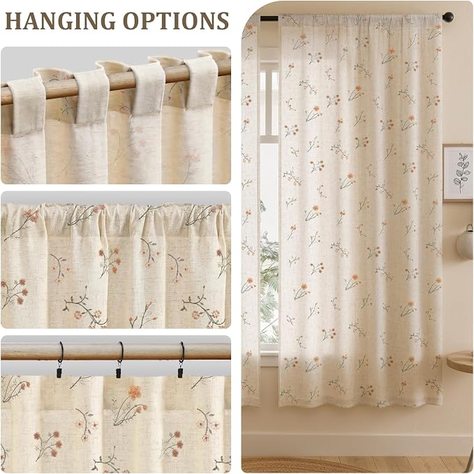 Floral Embroidered Light Filtering Curtains 72 Inch 2 Panels | Linen Blend - Image 5