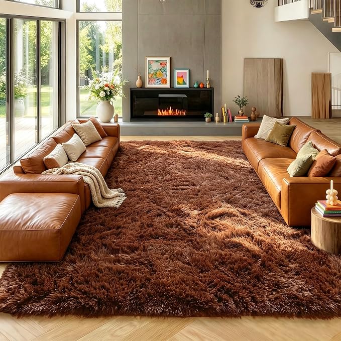 Brown 8x10 Area Rugs for Living Room, Large Fluffy Shag Bedroom Rug, Soft Plush by ONASAR