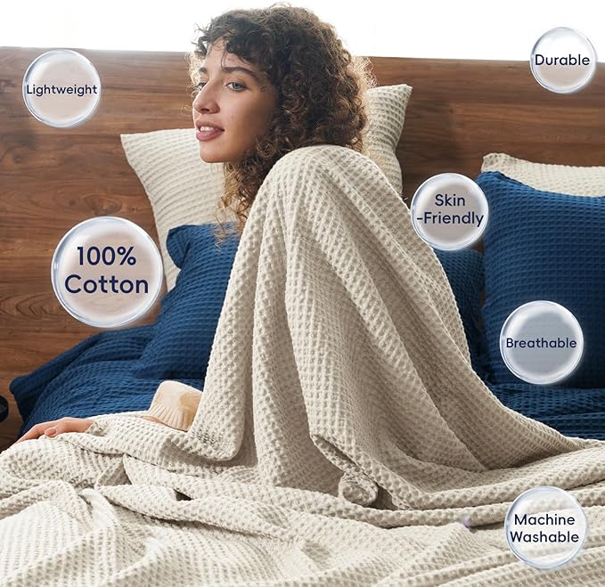 PHF 100% Cotton Waffle Weave Throw Blanket，Pre-Washed Snag Proof Lightweight Breathable Moisture-Wicking for Layering in Cold Weather for Couch Bed,Machine Washable,Home Decor Gift-Linen