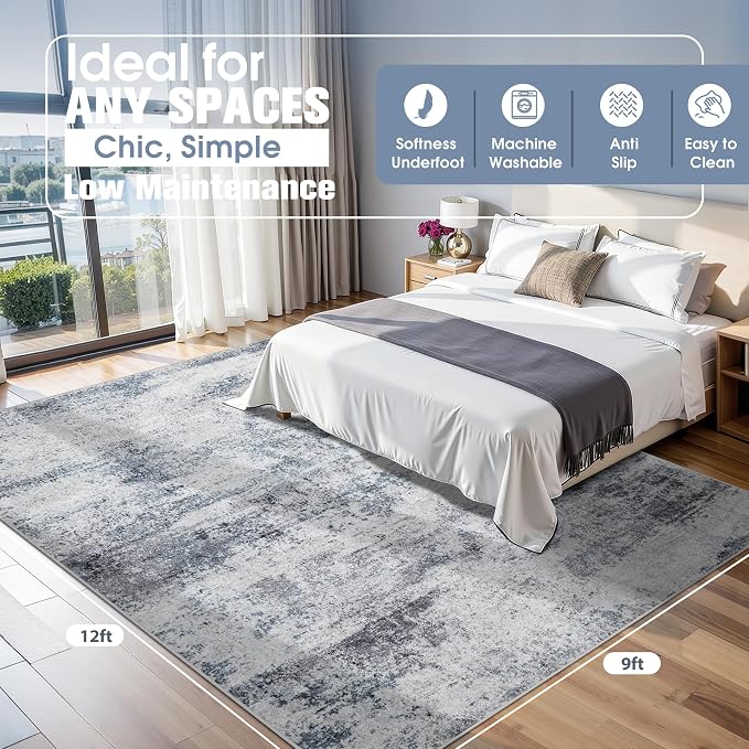 9x12 Area Rugs for Living Room Washable Bedroom Dining Room Blue Grey | Modern - Image 2