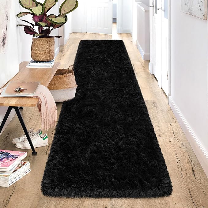 2x10 Bedside Area Rugs for Bedroom Soft Fluffy Shag Black Rug for Hallway - Image 3