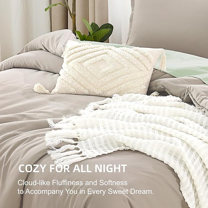 Litanika Comforters Oatmeal Oversized Queen Size, 3 Pieces Lightweight Solid Bedding Comforter Set, All Season Fluffy Bed Set (98x98In Comforter & 2 Pillowcases)