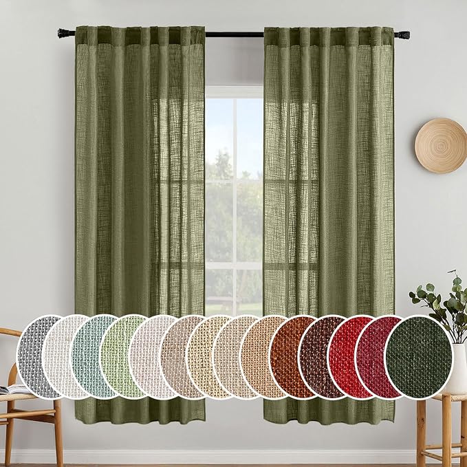 MIULEE Light Olive Green Linen Curtains 52x72 Inch Long 2 Panel by MIULEE