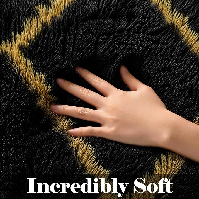 8x10 Area Rugs for Living Room, Fluffy Black and Gold Bedroom Geometric Rug | - Image 2