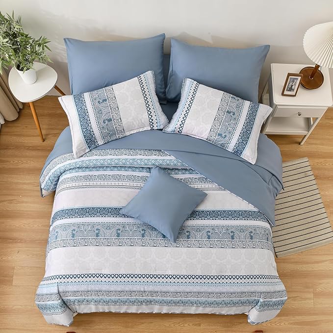 Cottolester Boho Comforter Set King Size Light Blue Comforter Set 8 Piece Bed in a Bag Striped Paisley Bedding Sets