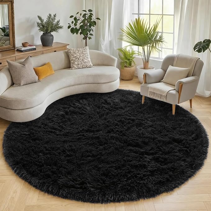 Black Round Area Rugs 6ft, Ultra Soft Bedroom Circle Rug by ONASAR