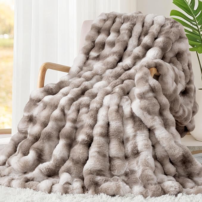 Luxury 1000GSM Faux Rabbit Fur Throw Blanket, Super Heavy Warm Cozy Grey by TOUCHAT