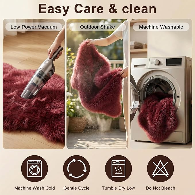 duduta Burgundy Faux Sheepskin Rug 2x3 ft, Fluffy Fur Seat Chair Covers | Shag - Image 4
