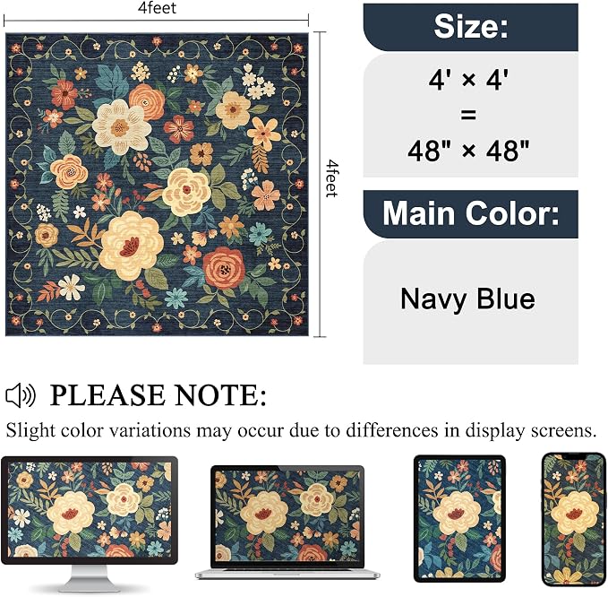 DUKINO 4x4 Square Area Rug, Floral Washable Rug - Image 2