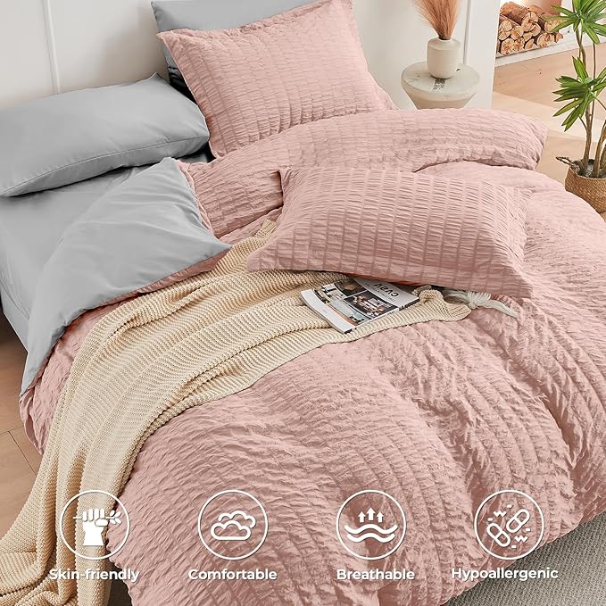 HYMOKEGE Rose Gold/Light Grey Queen Comforter Set Seersucker 7 Pieces, All Season Luxury Bed in a Bag Queen for Bedroom, Bedding Set with Comforter, Sheets, Pillowcases & Shams