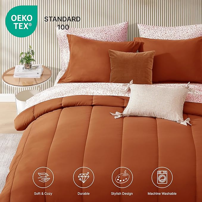 Monbix Full Comforter Set - 7 Pieces Burnt Orange Bed in a Bag Full Size Track Stitching Bedding Sets, All Seasons Down Alternative Comforter with Sheets,Pillowcases & Shams