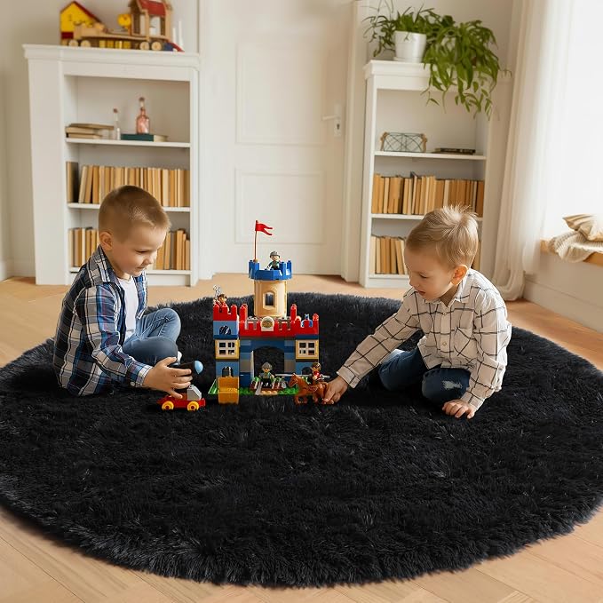 Black Round Area Rug 4ft, Soft Bedroom Circle Rugs Floor Mats - Image 4