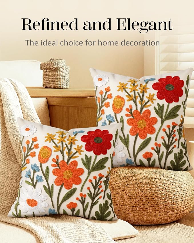 Embroidered Throw Pillow Covers 18x18 Inch, Flower Cluster | Decorative Pillow - Image 5
