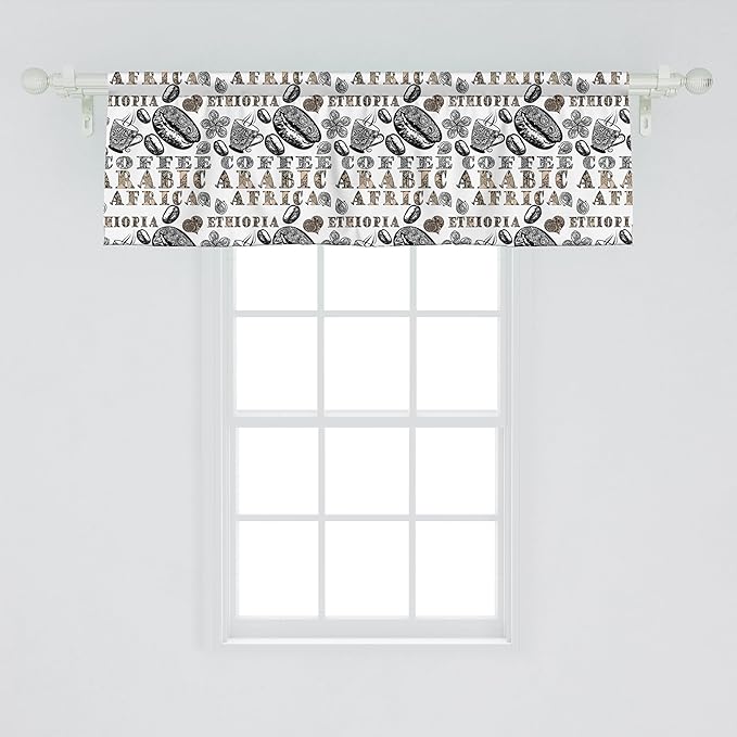 Ambesonne Modern Window Valance, Coffee Beans with Ornamental Words Ethiopians Pattern, Curtain Valance for Kitchen Bedroom Decor with Rod Pocket, 42" x 18", Sand Brown Black
