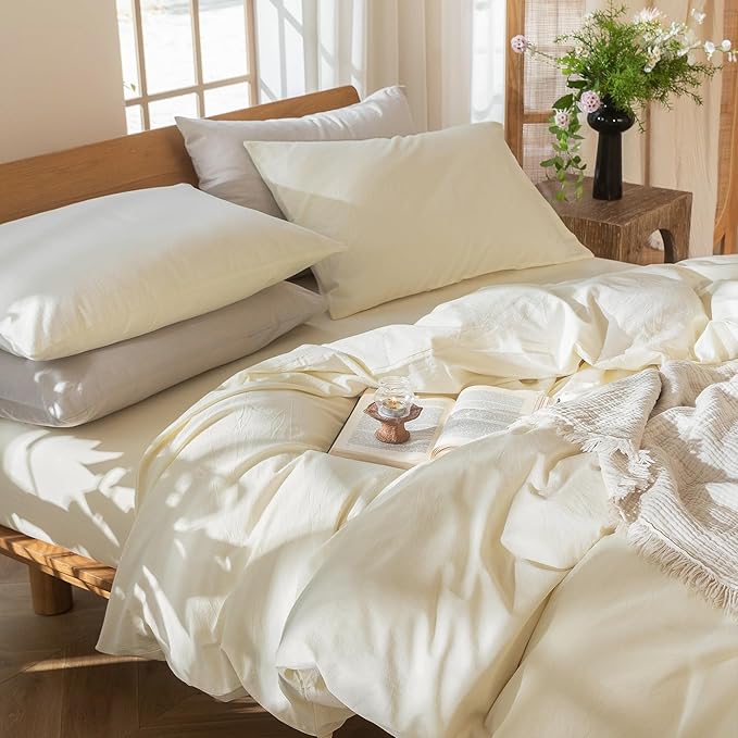 MooMee Bedding Duvet Cover Set 100% Washed Cotton Linen Like Textured Breathable Durable Soft Comfy (Solid Cream White, Oversized Queen 98"x98")