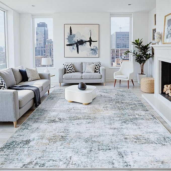 5x7 Washable Area Rug for Living Room Bedroom: Non-Slip Modern Blue Grey | by Oriannal