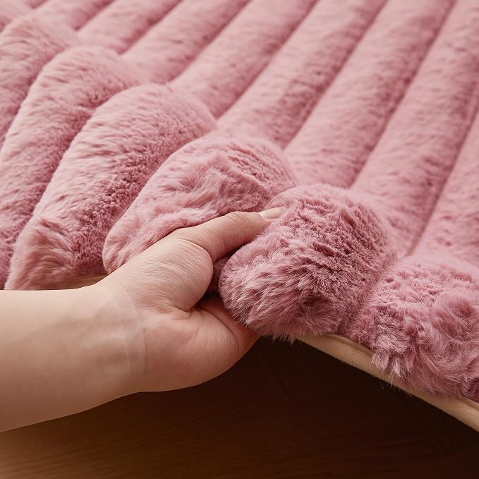 Dusty Rose Rabbit Striped Plush Rug 2'x6', Fluffy Faux Fur Shaggy Area Rug - Image 5
