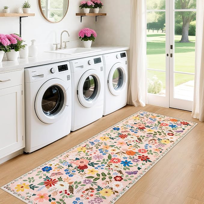 PLHXFR 2x6 Washable Runner Rug：Floral Indoor Kitchen Soft Carpet Beige | - Image 4