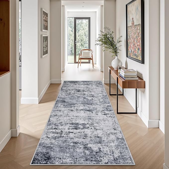 2.6x8 Washable Runner Rug：Modern Abstract Kitchen Soft Carpet Grey | - Image 3