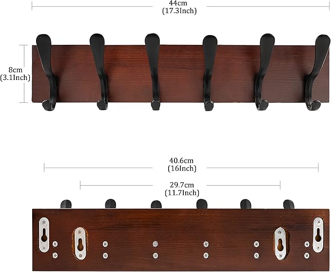 SKOLOO Coat Rack Wall Mount - Wooden Brown Wall Coat Hook, Pack of 2, Wall Coat Hanger Rack with 6 Hooks for Hanging Coats, Hats, Clothing, Scarfs, Brown & Black
