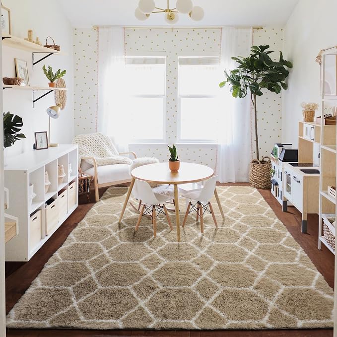Area Rugs for Bedroom Living Room, 4x6 Fluffy Beige and White Geometric Rug | - Image 8