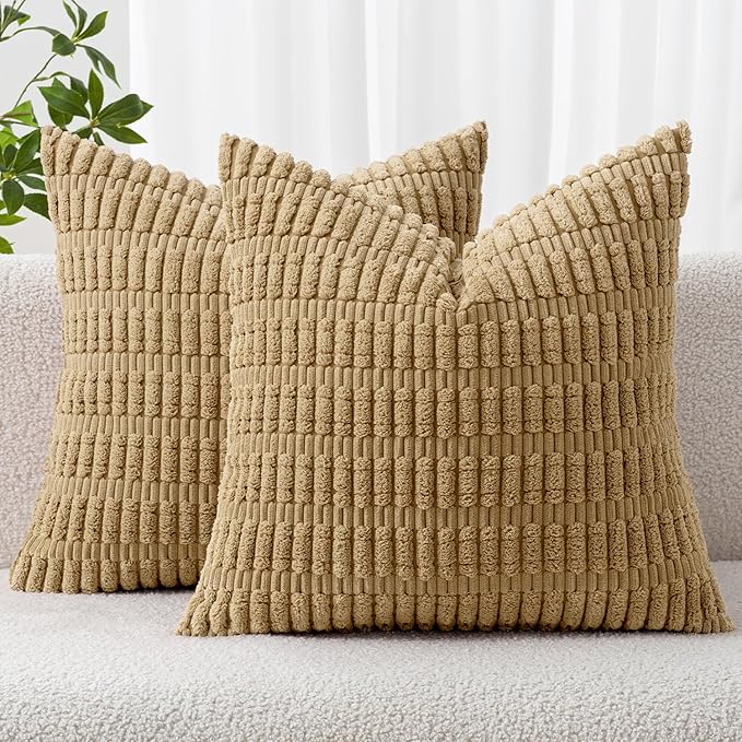 MIULEE Corduroy Decorative Throw Pillow Covers 20x20 Khaki Pack of 2 | Soft by MIULEE
