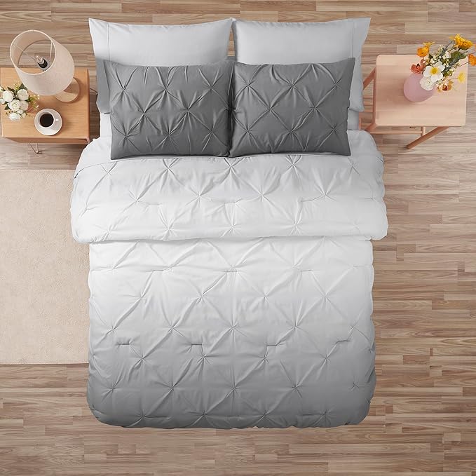 7 Piece Comforter Set Bed in a Bag Ombre Pintuck Design All Season Soft Down Alternative Bedding Comforter Set & Luxurious Matching Bed Sheets & Pillow Shams, Ombre Pintuck Gray, Queen