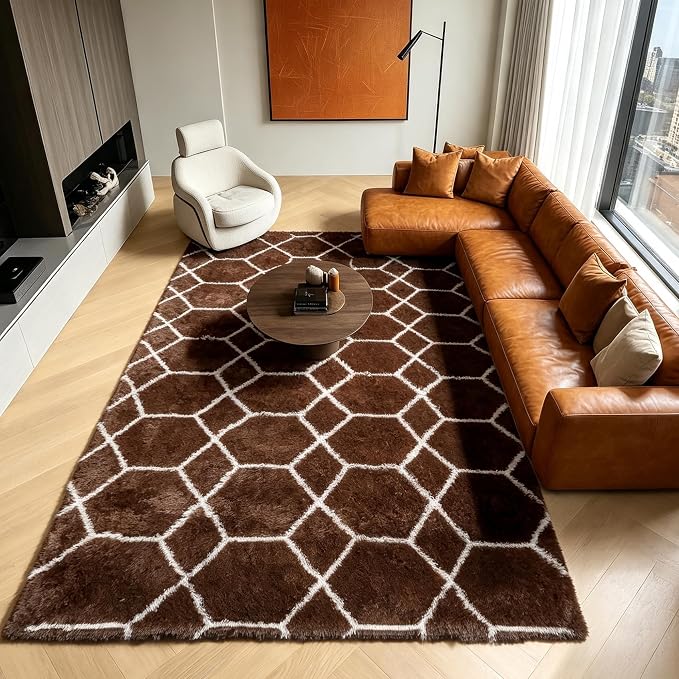 6x9 Area Rugs for Living Room Bedroom, Fluffy Brown and White Geometric Rug | - Image 7