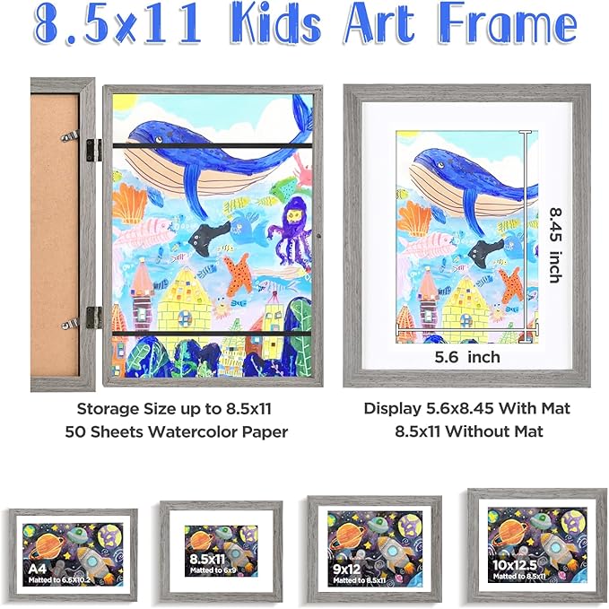 KINLINK 8.5x11 Kids Art Frames Set of 2, Solid Wood Kids Artwork Frames Changeable with Acrylic Front Opening Holds 150 Pictures, Art Frame for Kids Artwork with Mat or without Mat, Grey