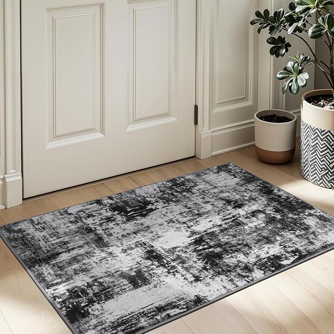 Rugflix 3x5 Entrance Rugs, Washable Black Grey Dark Entry Small Rug | Machine by RugflixAreaRugs