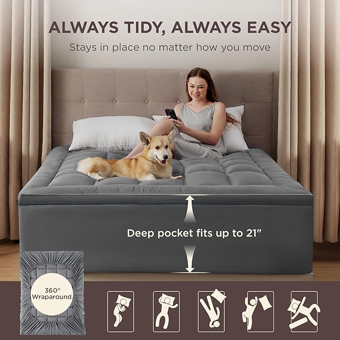 Bedsure Cal King Mattress Topper - Pillow Top Mattress Pad Cover with Deep Pocket Fits up to 21 Inches, Plush Soft Bed Topper for Back Pain Relief, Overfilled with Down Alternative Filling, Grey