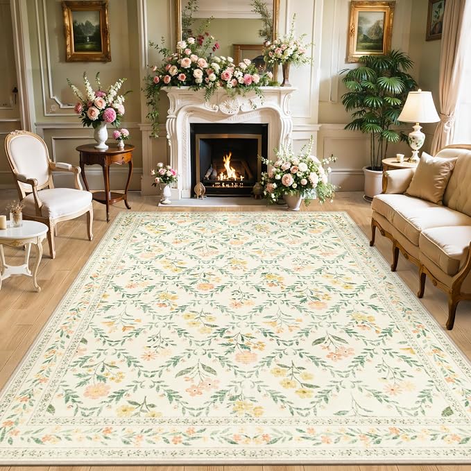 PLHXFR Area Rug 10x12 Living Room: Floral Washable Boho Carpet Beige Multi | by PLHXFRSoftAreaRugs