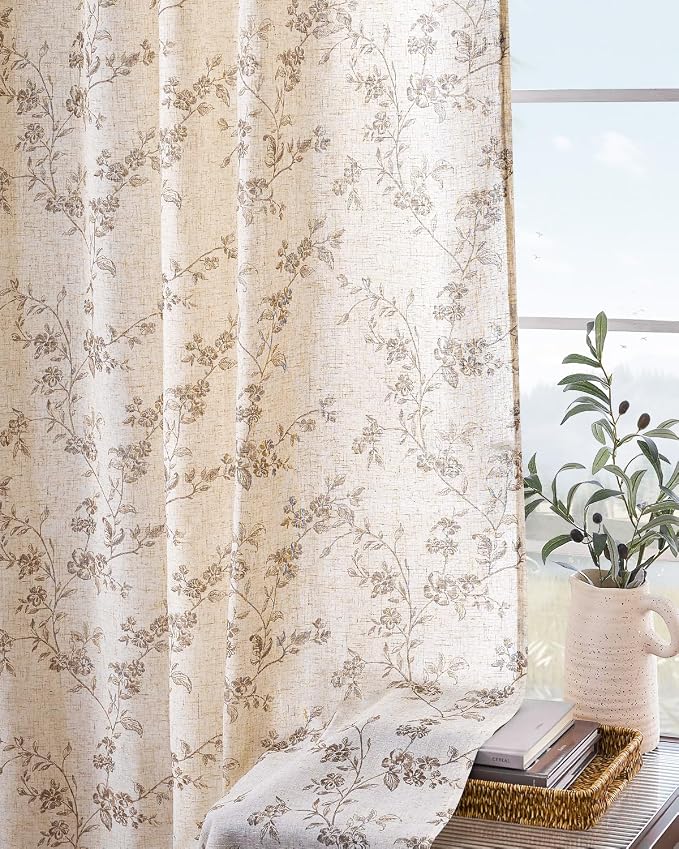 Extra Long Taupe Vintage Floral Linen Curtains Farmhouse 2 Panels | Elisa - Image 9