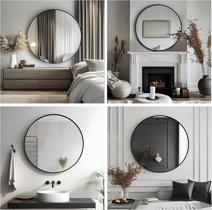 Round Mirror 28 inch, Round Black Mirror, Circle Bathroom Mirrors Metal Frame, Wall Mounted Circle Mirrors for Bathroom, Living Room, Hallway, Farmhouse.