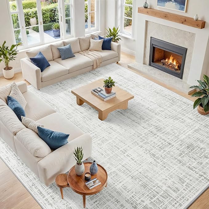 10x12 Washable Area Rug for Living Room Bedroom: Non-Slip Modern White Gray | by Oriannal
